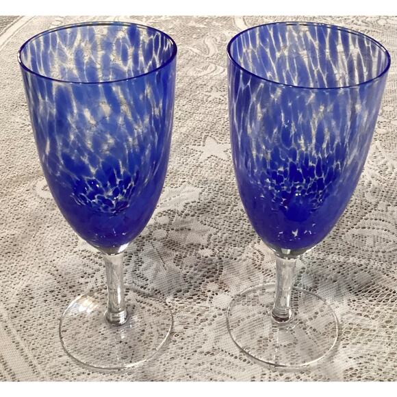 Set of 2 Degas Art Glass Wine - Water Glasses by Block Blue Swirled Blown - Picture 8 of 10